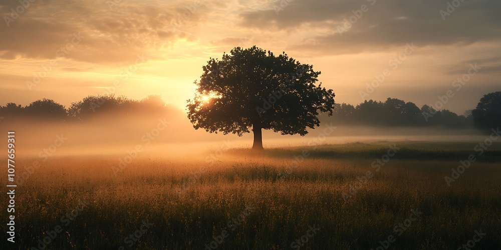 Single tree silhouette in foggy field at sunrise Single tree silhouette in foggy field at sunrise