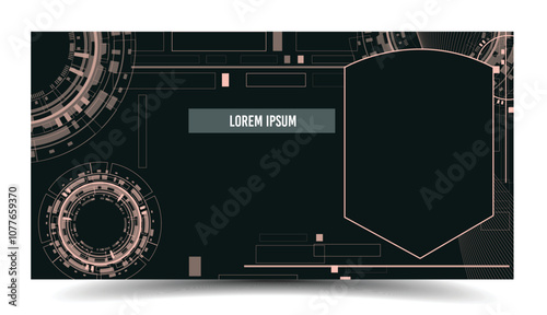 techno gear abstract background business card with shield shape frame