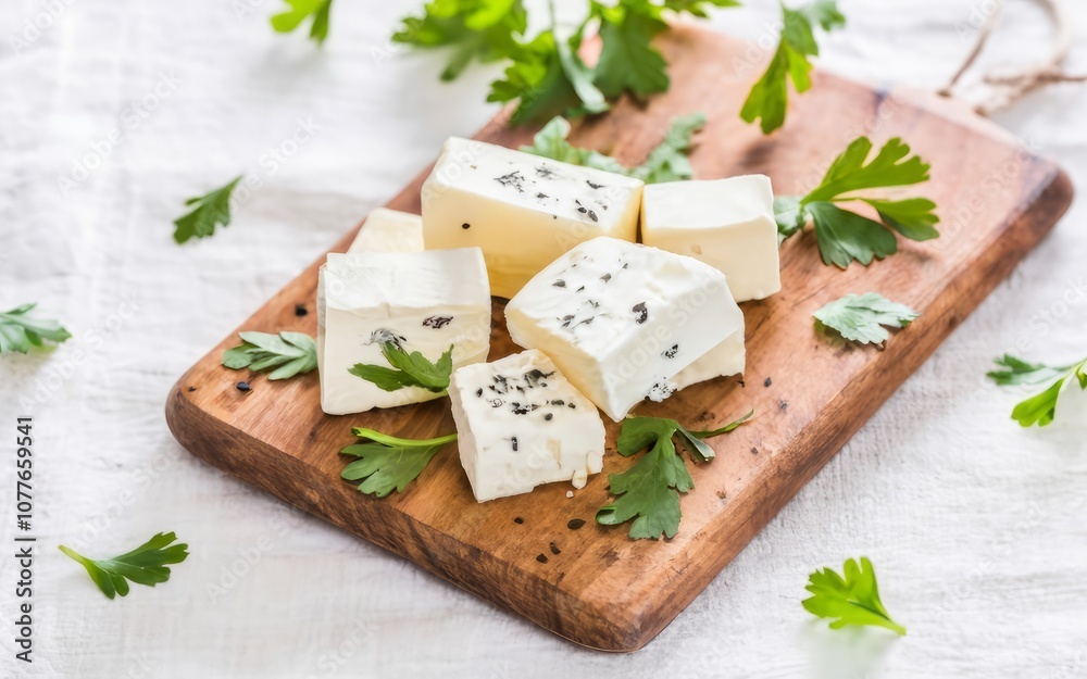 Creamy Cheese Cubes on Wooden Board 
