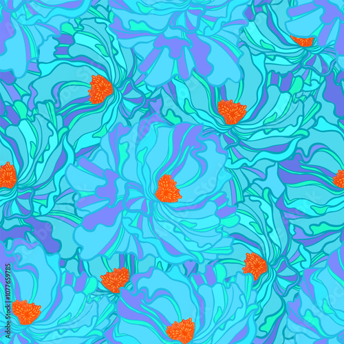 Vector seamless pattern with outline abstract roses. Beautiful floral backgro...