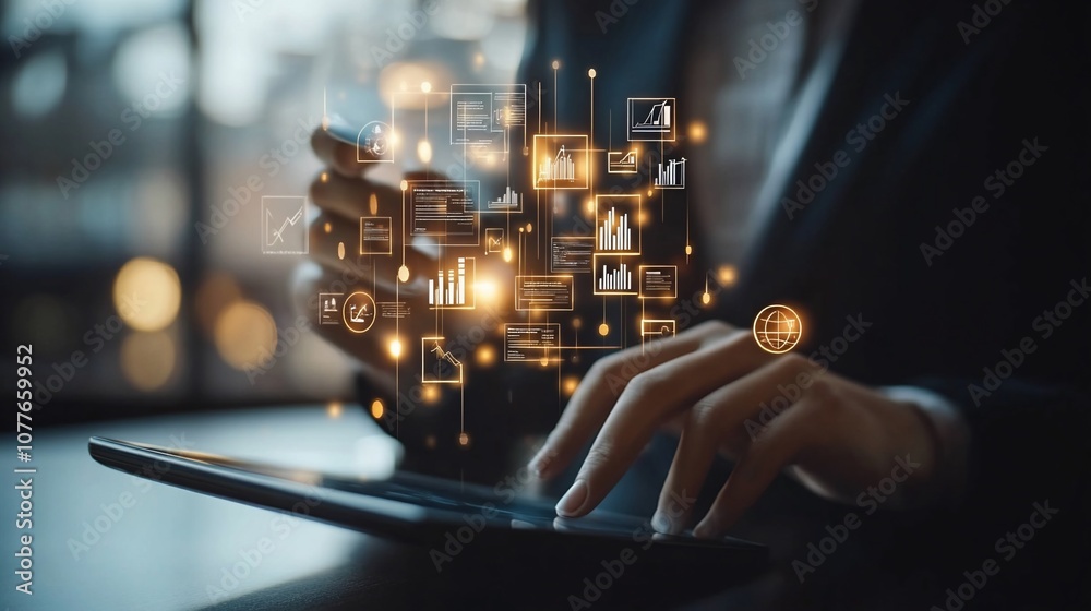 Businesswoman using a tablet and phone with digital data projected in front of them. Businesswoman using a tablet and phone with digital data projected in front of them.