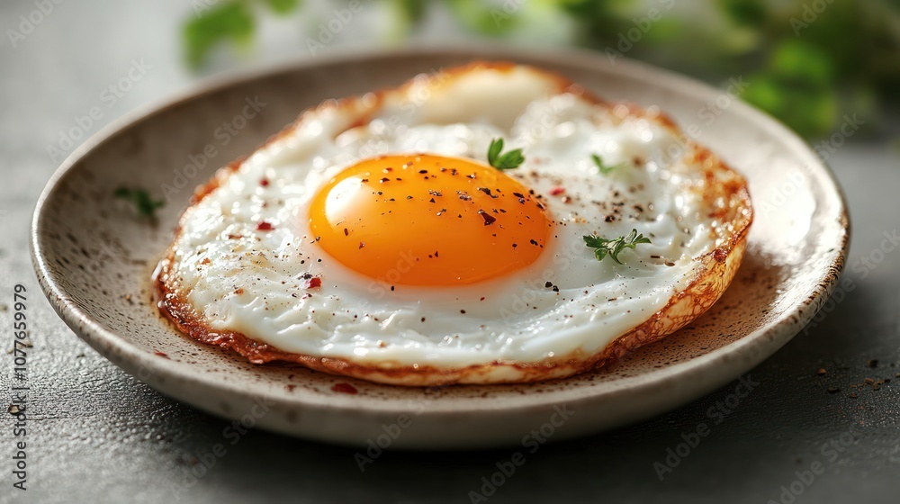 A perfectly cooked fried egg with crispy edges on a plate, seasoned with pepper and thyme. A perfectly cooked fried egg with crispy edges on a plate, seasoned with pepper and thyme.