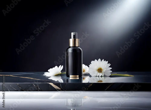 A black bottle with a gold top sits on a marble surface with two white daisies in front of it. A spotlight shines down on the bottle. photo