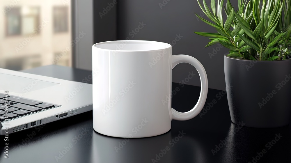 A white coffee mug on a black desk with a laptop and a plant.