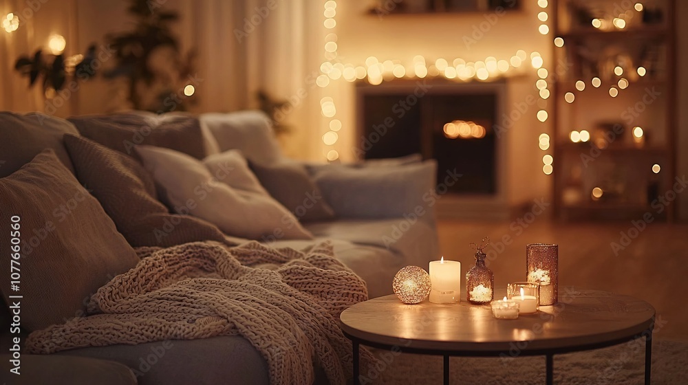 Warm and inviting living room decor with elegant Christmas ornaments softly glowing string lights and a cozy seating area creating a festive and comfortable ambiance for the holiday season Warm and inviting living room decor with elegant Christmas ornaments softly glowing string lights and a cozy seating area creating a festive and comfortable ambiance for the holiday season