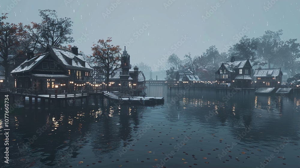 Fototapeta premium Water Village in the Rain - A Winter Fantasy