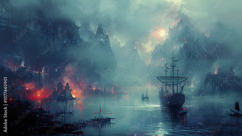 Fototapeta premium Mystical City Harbor: A Fantasy Landscape with Glowing Lights and Sailing Ships