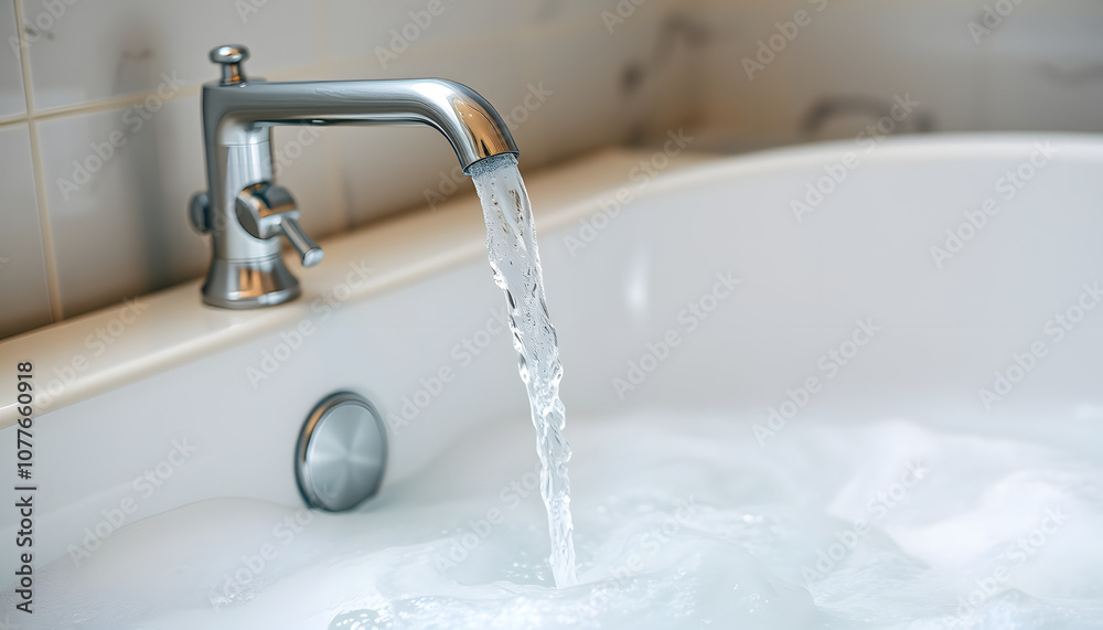 Water flowing from the faucet into luxury bathtub with soap foam, preparing for spa recreation. Home interior decoration with lifestyle. Close-up and selective focus isolated with white highlights, Water flowing from the faucet into luxury bathtub with soap foam, preparing for spa recreation. Home interior decoration with lifestyle. Close-up and selective focus isolated with white highlights,