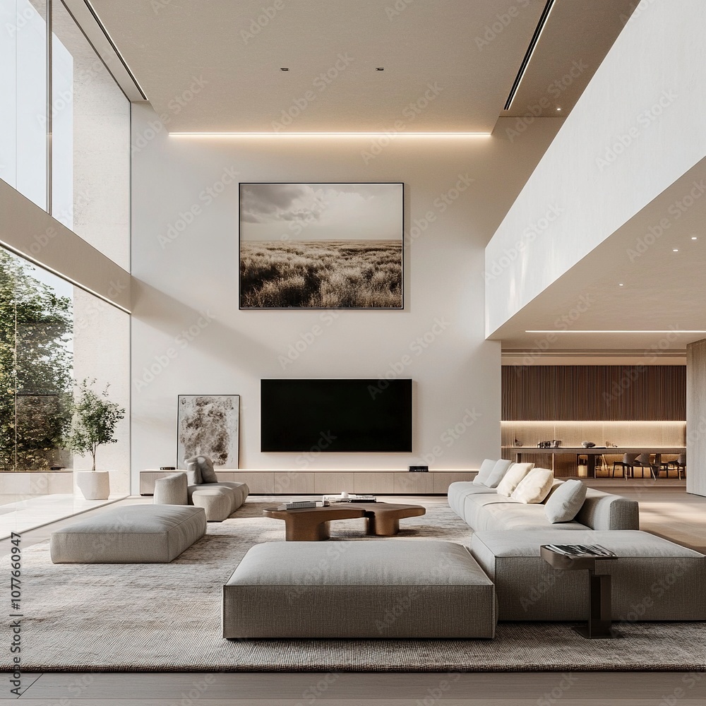 overview over the Minotti sofa in big living room that is high detailed contemporary modern Minotti brand style, tv wall, bright white walls, art and designer decor furniture pieces, generative ai overview over the Minotti sofa in big living room that is high detailed contemporary modern Minotti brand style, tv wall, bright white walls, art and designer decor furniture pieces, generative ai