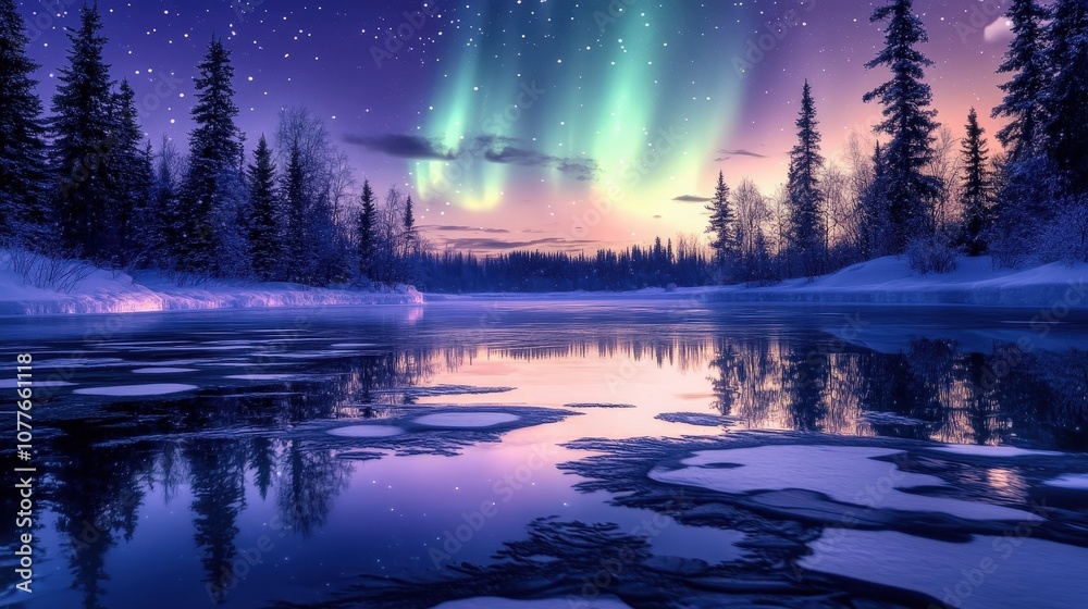 Fototapeta premium Showcase the aurora dancing above a frozen lake, reflecting the beautiful green and purple colors in the calm water.