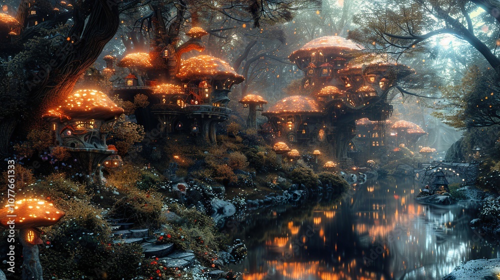 Fototapeta premium Enchanted Forest Village: Glowing Mushroom Houses and a Magical River