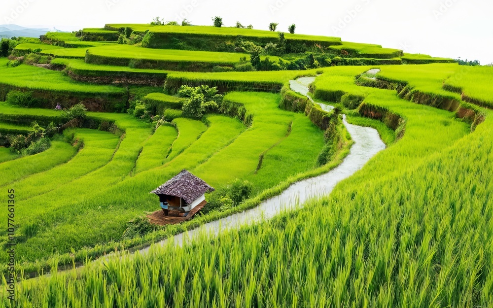 Fototapeta premium Serene Rice Terraces: A winding path meanders through vibrant green rice terraces, leading to a quaint hut nestled amidst the lush landscape.