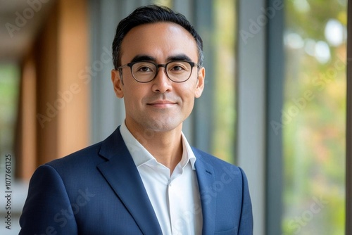 Portrait of successful senior Native American businessman consultant looking at camera and smiling inside modern office building