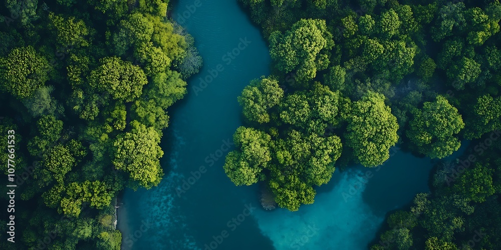 Aerial View of Lush Green Forest with Blue River Aerial View of Lush Green Forest with Blue River