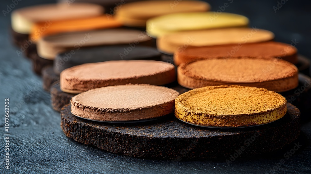 Aesthetic Arrangement of Colorful Paint Discs on a Dark Grey Background Showcasing Earthy Tones and Textures for Creative Projects or Art Concepts Aesthetic Arrangement of Colorful Paint Discs on a Dark Grey Background Showcasing Earthy Tones and Textures for Creative Projects or Art Concepts
