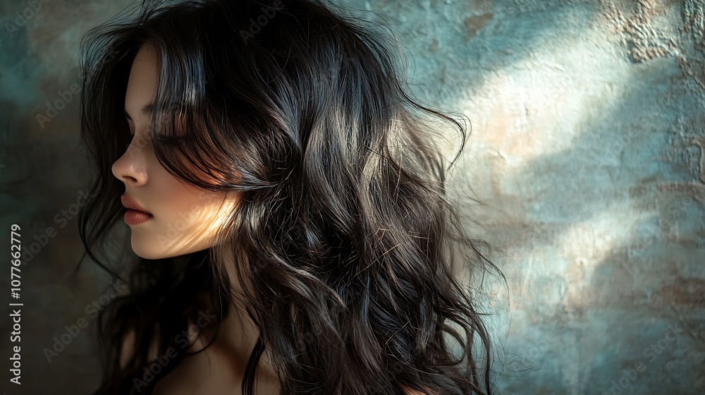 Hair model in a low-key lighting setup, her long, wavy hair casting soft, intricate shadows on a textured wall, moody and atmospheric, high contrast emphasizing the silhouette of the hair, Hair model in a low-key lighting setup, her long, wavy hair casting soft, intricate shadows on a textured wall, moody and atmospheric, high contrast emphasizing the silhouette of the hair,