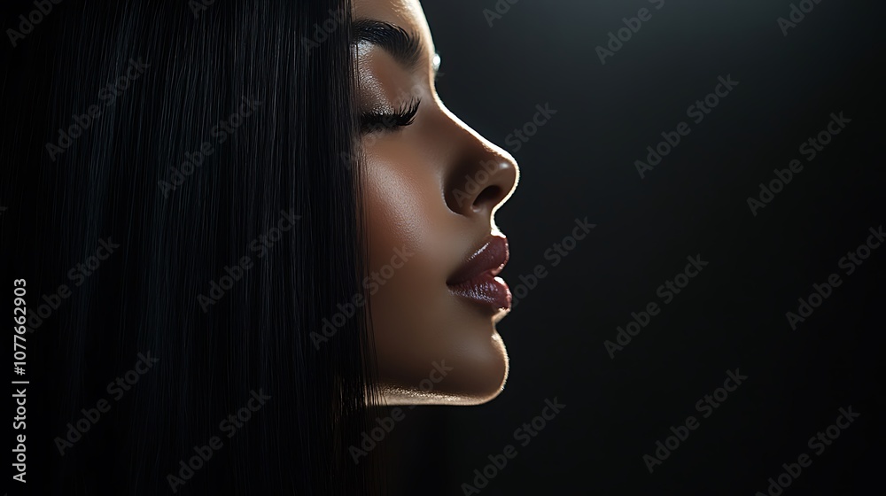 Fototapeta premium Hair model looking into a frameless mirror, her straight, shiny hair reflecting bright studio lights, minimalist dark background enhancing the mirror’s reflection, emphasis on the sleek,