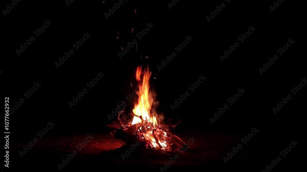 Night Bonfire Burns in the Dark Forest - Isolated on Black Background. Flaming Campfire at Nighttime. Place for Bonfire. Fire Pit Outdoors, Wood on Fire, Flying Sparks and Smoke - Static Shot Night Bonfire Burns in the Dark Forest - Isolated on Black Background. Flaming Campfire at Nighttime. Place for Bonfire. Fire Pit Outdoors, Wood on Fire, Flying Sparks and Smoke - Static Shot