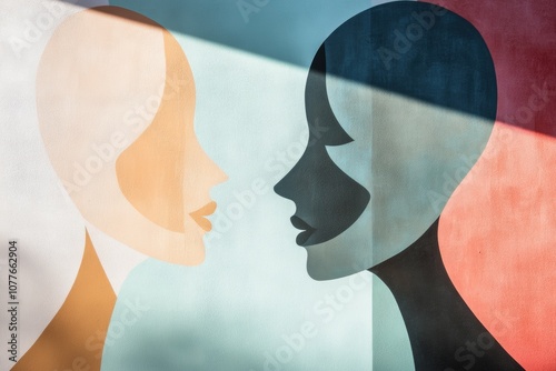 Two abstract faces in soft pastel colors represent communication and empathy, emphasizing connection and understanding between individuals. Generative AI