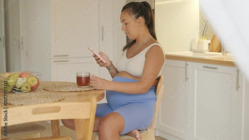A pregnant woman enjoying her daily routine at home, relaxing in the living room and eating in the kitchen. The scene highlights comfort, maternity, and moments of self-care in a cozy setting A pregnant woman enjoying her daily routine at home, relaxing in the living room and eating in the kitchen. The scene highlights comfort, maternity, and moments of self-care in a cozy setting