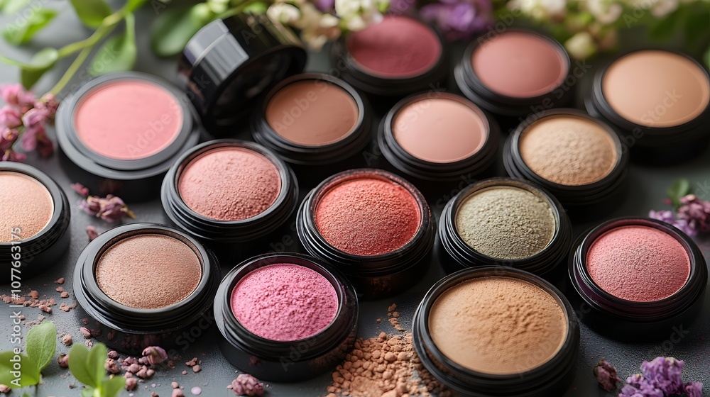 Arrange Foundation with Contrasting Color Blocks on a Beautiful Table Surrounded by Fresh Flowers and Natural Elements for Artistic Makeup Display Arrange Foundation with Contrasting Color Blocks on a Beautiful Table Surrounded by Fresh Flowers and Natural Elements for Artistic Makeup Display
