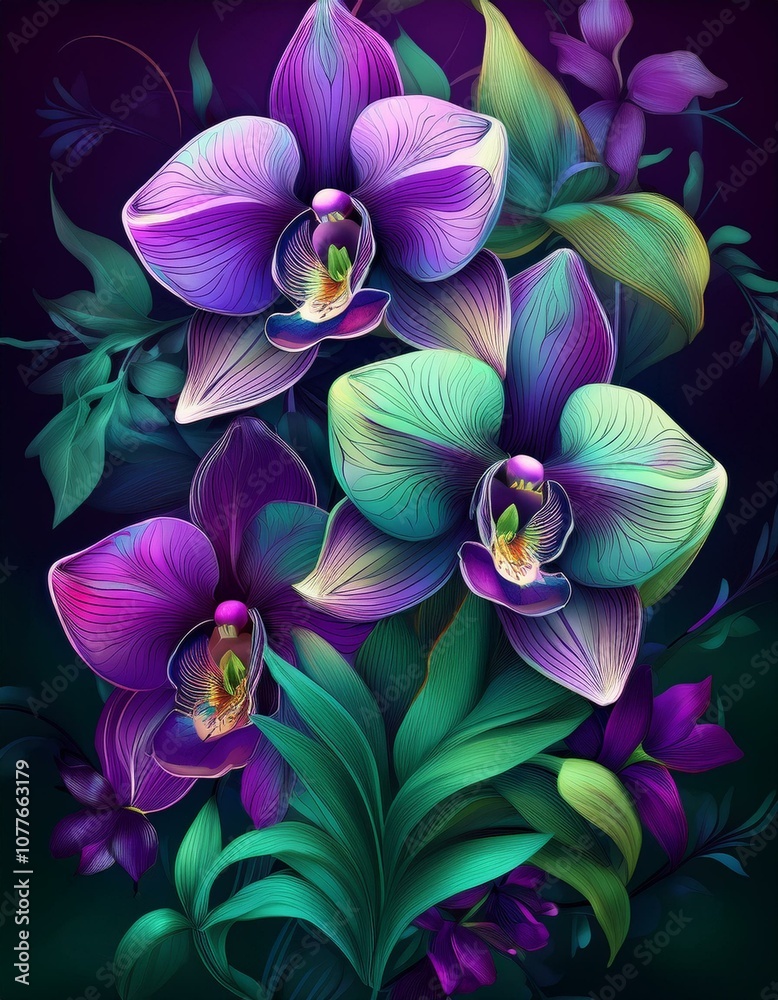 Purple orchids bloom in lush green foliage. Purple orchids bloom in lush green foliage.