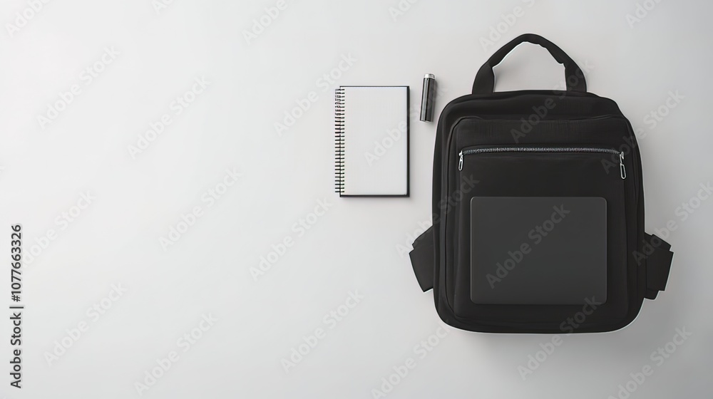 Black backpack, notebook and pen on a white background. Black backpack, notebook and pen on a white background.