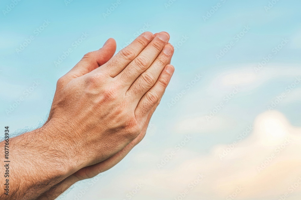 Hands in prayer, blue sky background Hands in prayer, blue sky background