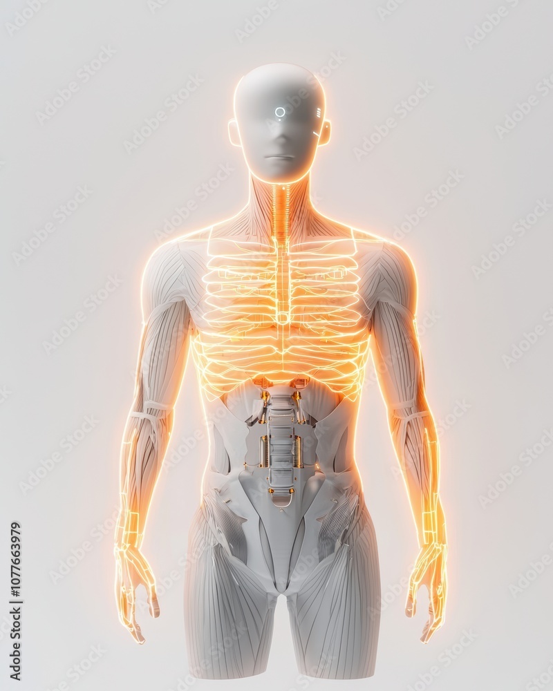 Human anatomy, glowing skeletal structure Human anatomy, glowing skeletal structure