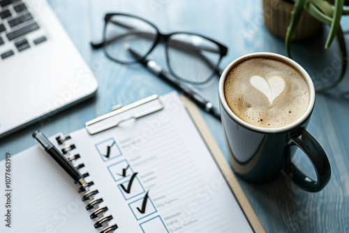 Check to do list or goal  in the paper clipboard with coffee cup and glasses. Job schedule, event planning, and reminder.
