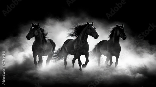 Three black horses running through a foggy field, illuminated by a soft light.