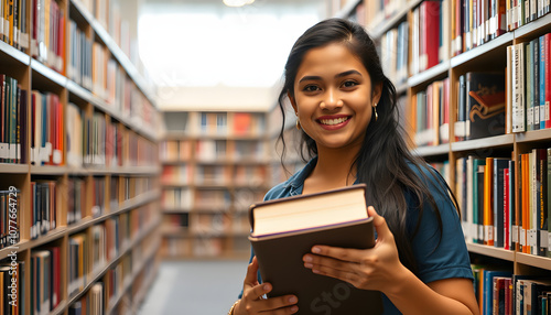 Intelligent Latina girl hold academic books in the college library isolated with white highlights, png