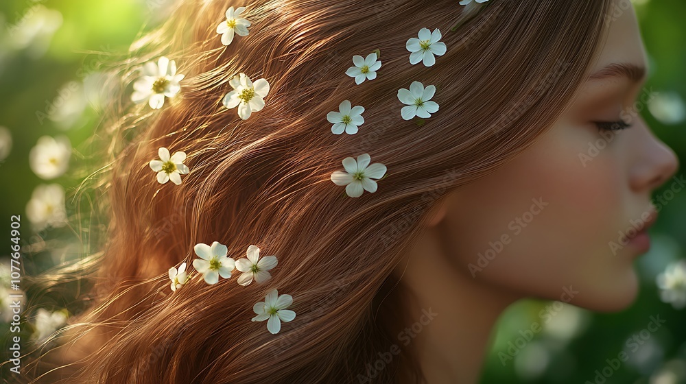 Naklejka premium Hair model with long, glossy hair intertwined with delicate wildflowers, soft natural light highlighting the healthy shine, outdoor forest setting with a blurred, lush green background,
