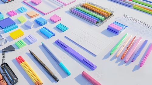 Colorful stationery, pens, pencils, erasers, paperclips, and a notepad on a white background.