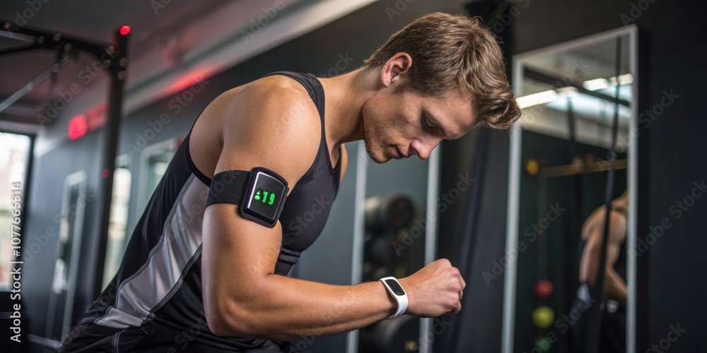 An athlete in workout gear adjusts a their wrist revealing a small sugar monitor with green backlighting. An athlete in workout gear adjusts a their wrist revealing a small sugar monitor with green backlighting.