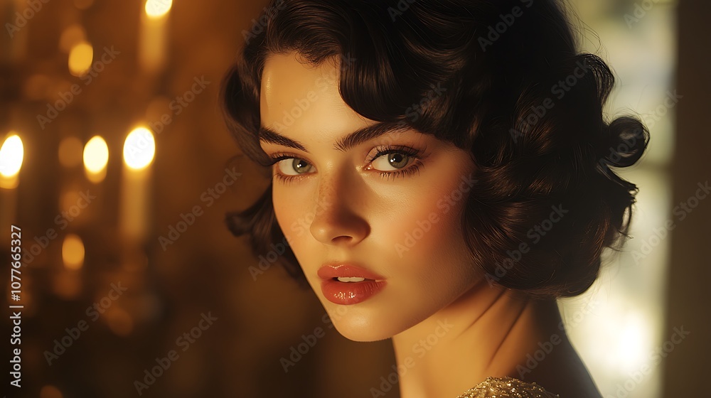 Fototapeta premium Hair model with soft, shiny vintage waves, romantic evening setting, candlelight reflecting off the curls, classic Hollywood vibe, delicate shadows adding depth, luxurious and timeless look,