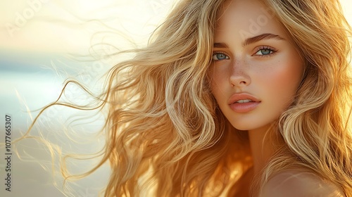 Hair model with natural, wavy beach-style hair, strands catching the sunlight, soft breeze adding movement, golden hour beach setting, focus on the texture and sun-kissed highlights,