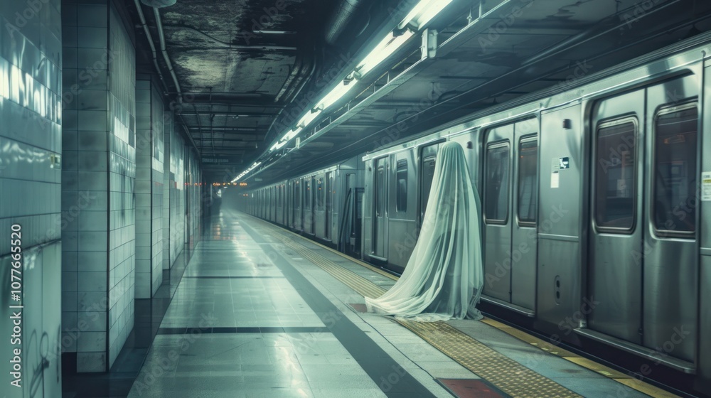 Fototapeta premium Ghost in the middle of a subway corridor, AI generated image