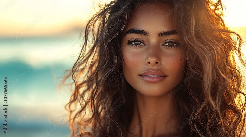 Hair model with soft, wavy beach hair, strands gently blowing in the sea breeze, backlit by the