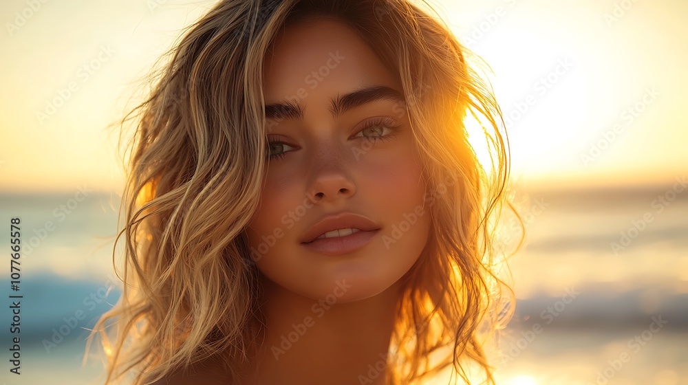 Hair model with soft, wavy beach hair, strands gently blowing in the sea breeze, backlit by the setting sun, blurred background of ocean waves, focus on the texture and sun-kissed highlights, Hair model with soft, wavy beach hair, strands gently blowing in the sea breeze, backlit by the setting sun, blurred background of ocean waves, focus on the texture and sun-kissed highlights,