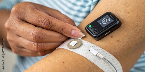 An individuals thumb securing a CGM transmitter onto the skin with the surrounding skin tone providing contrast. photo