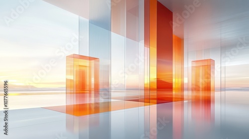 Abstract interior design with orange glass panels and a view of the sunset.