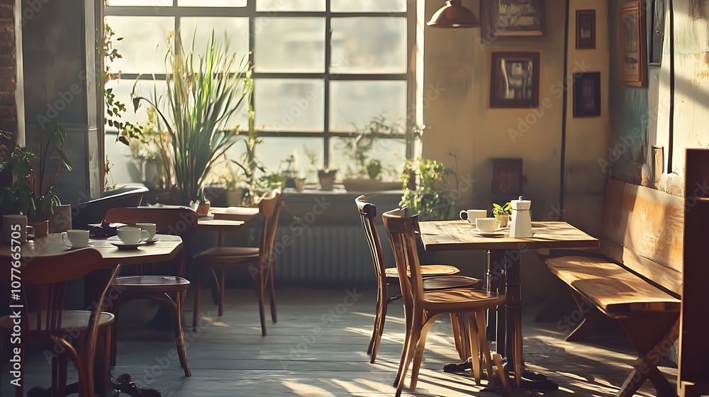 Sunlit Cafe Interior with Empty Wooden Tables and Chairs