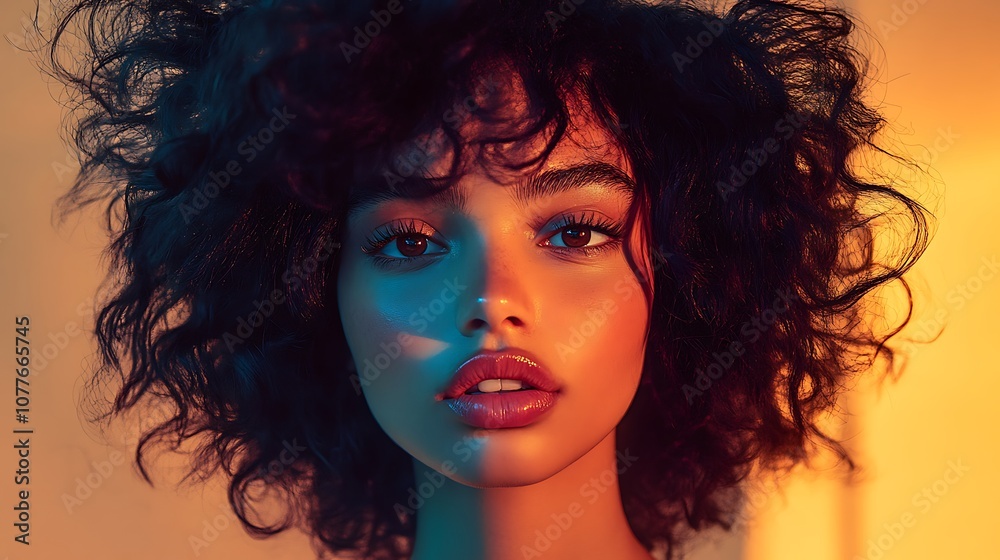 Hair model with voluminous curls captured mid-hair flip, strands flying out dramatically, studio backdrop with deep shadows and bright highlights, Hair model with voluminous curls captured mid-hair flip, strands flying out dramatically, studio backdrop with deep shadows and bright highlights,