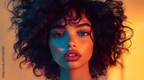 Hair model with voluminous curls captured mid-hair flip, strands flying out dramatically, studio backdrop with deep shadows and bright highlights,