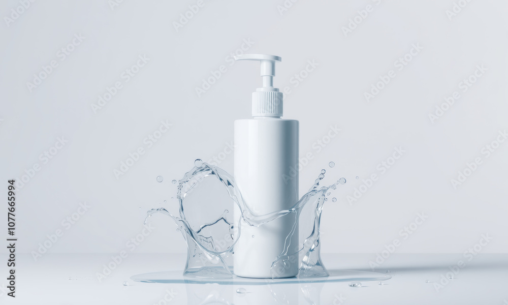 plain white mockup bottle for facial cleanser with clear splash of water on white background, creating fresh and clean aesthetic plain white mockup bottle for facial cleanser with clear splash of water on white background, creating fresh and clean aesthetic