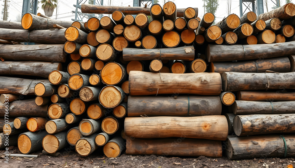 Lumber and timber wood industry, cut down fallen tree trunks stacked and ready for transport isolated with white highlights, png Lumber and timber wood industry, cut down fallen tree trunks stacked and ready for transport isolated with white highlights, png