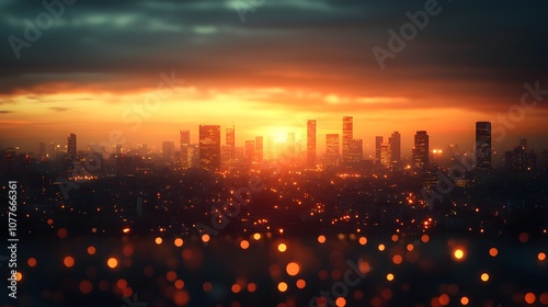 Blurry background city skyline, black and golden sunrise, background image