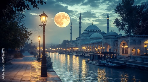 A Mosque on a Canal Under a Full Moon