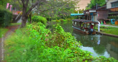 Fushimi Canal Boat Dock River Green Trees Rain Reflection Timelapse Day